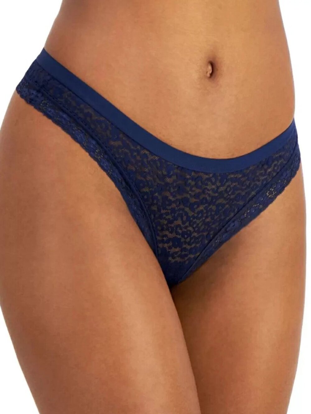 Jenni Intimates Women's Leopard and Floral Pattern Lace Thong, Navy Blue Sail